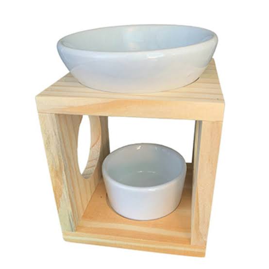White Ceramic and Timber Stand Oil Burner